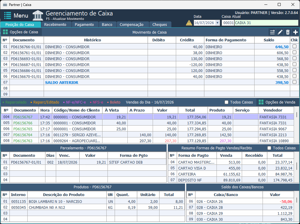 Partner ERP — tela de Caixa