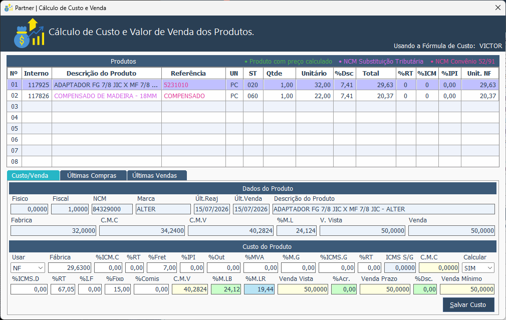 Partner ERP — Entrada: Cálculo de Custo