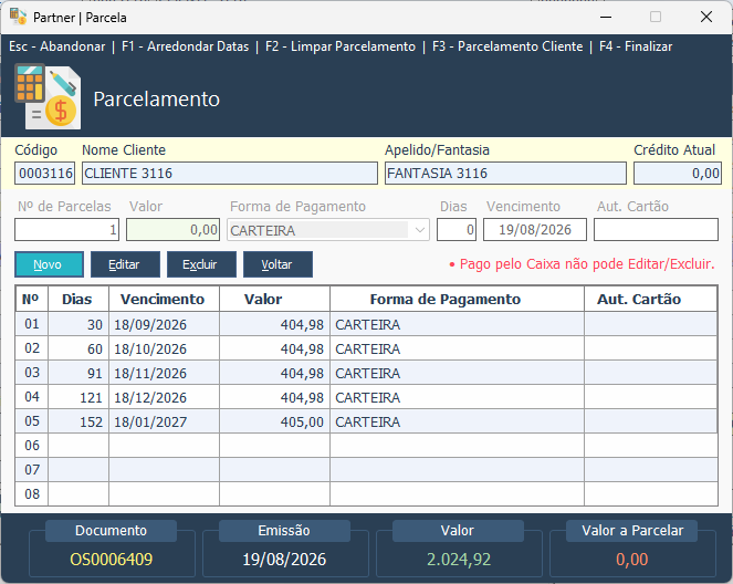 Partner ERP — Ordem de Serviço: Parcelamento de O.S.