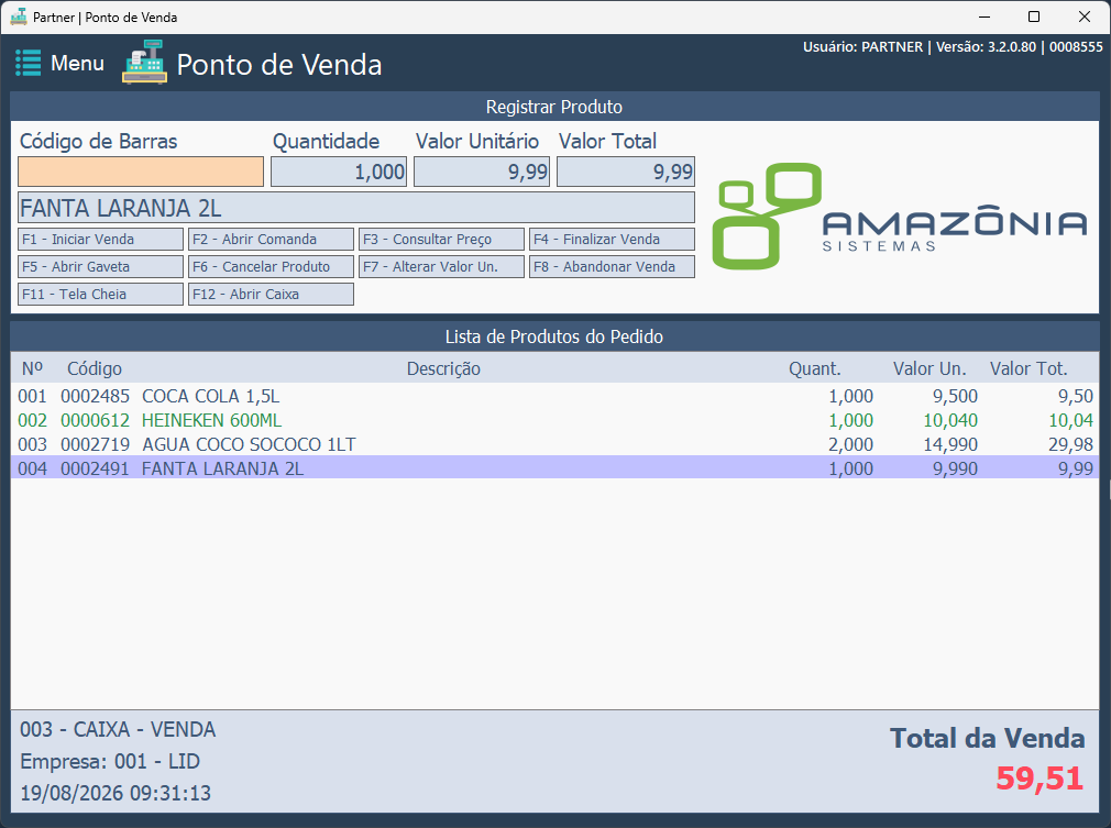 Partner ERP — PDV: Lançamento