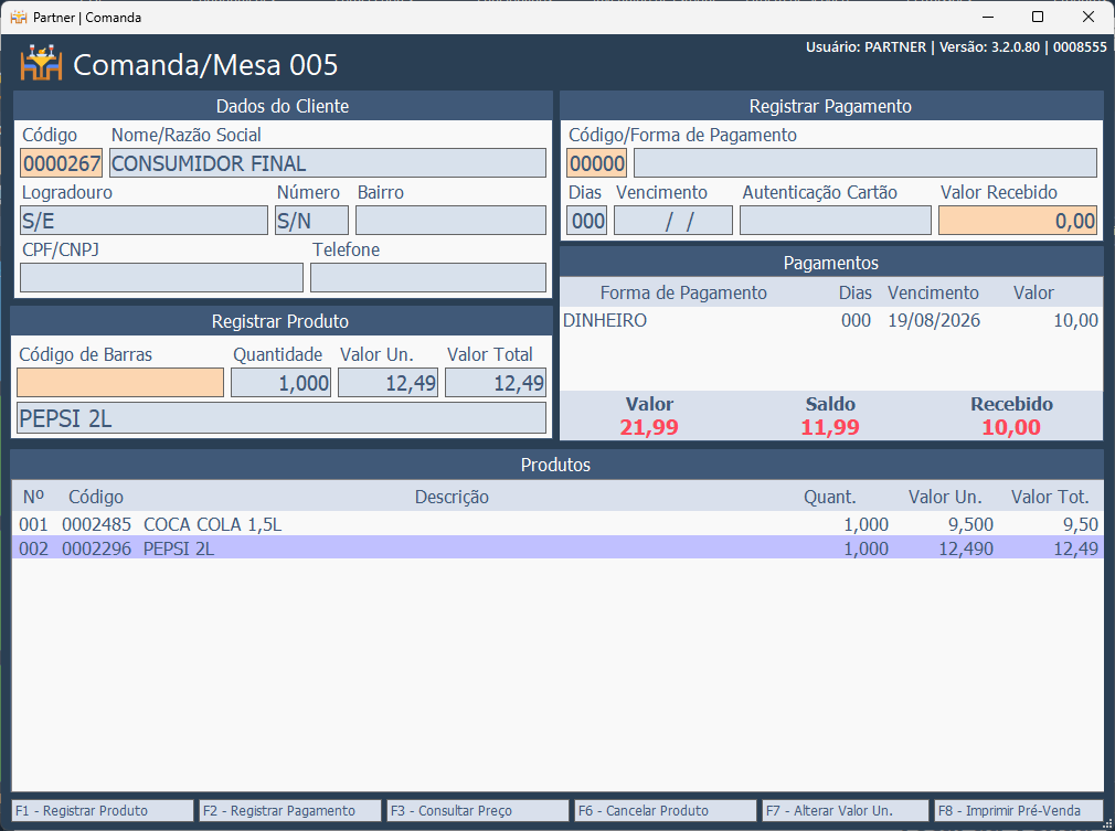 Partner ERP — PDV: Lançamento Comanda/Mesa