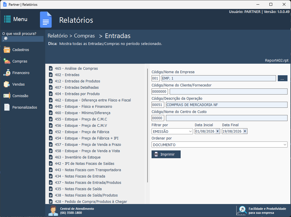 Partner ERP — Relatórios: Compras