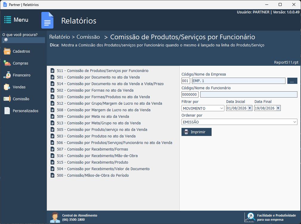Partner ERP — Relatórios: Comissão