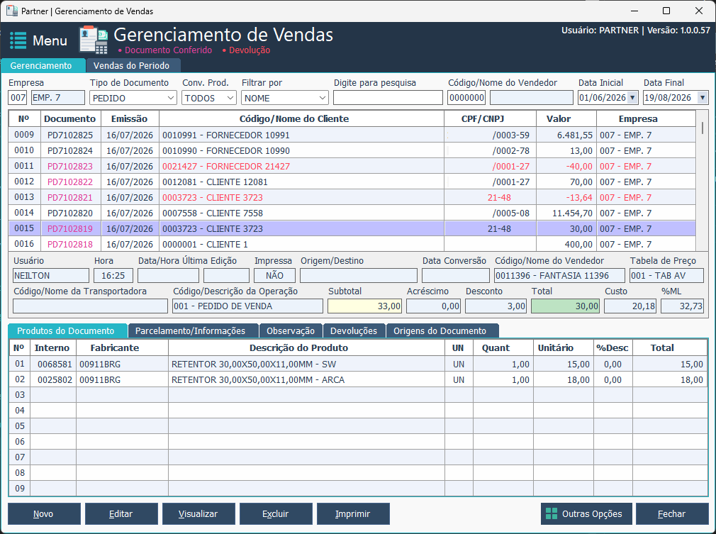 Partner ERP — Venda: Inicial