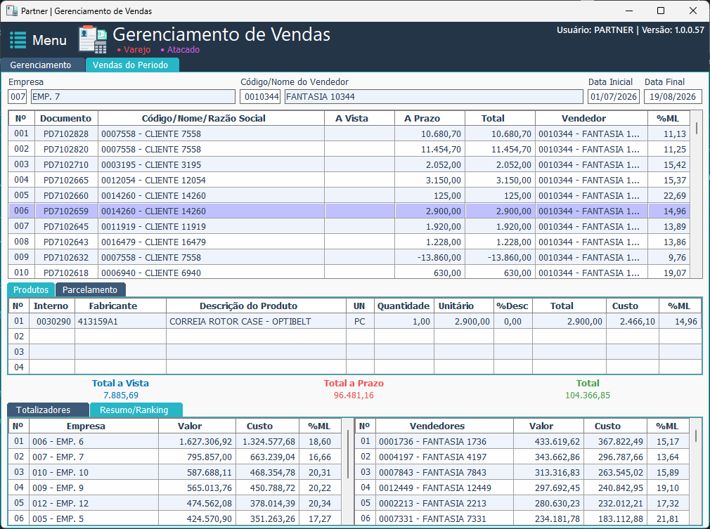 Partner ERP — Venda: Vendas do Período