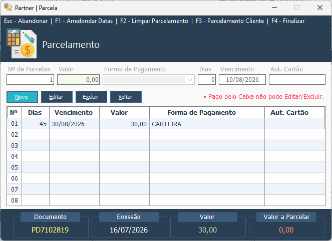 Partner ERP — Venda: Parcelamento de Venda